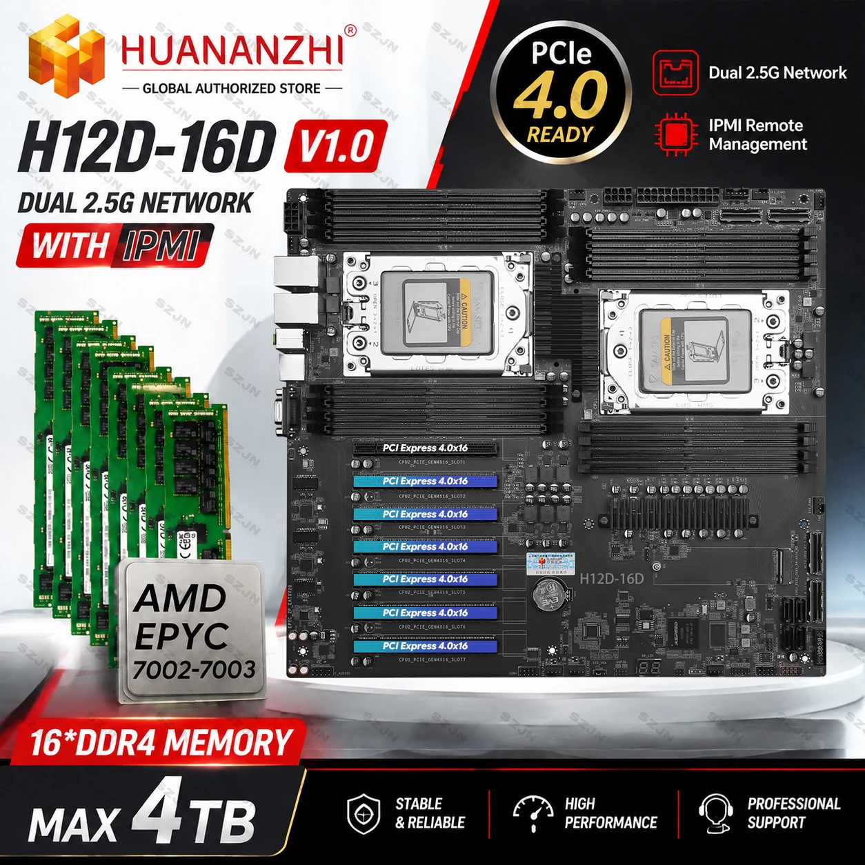 H12D-16D Motherboard 7*PCIe4.0 X16 With IPMI AMD EPYC 7002 7003 Series CPU Kit 8 Channel 16*DDR4 Max 2TB Slot Dual 2.5G Network