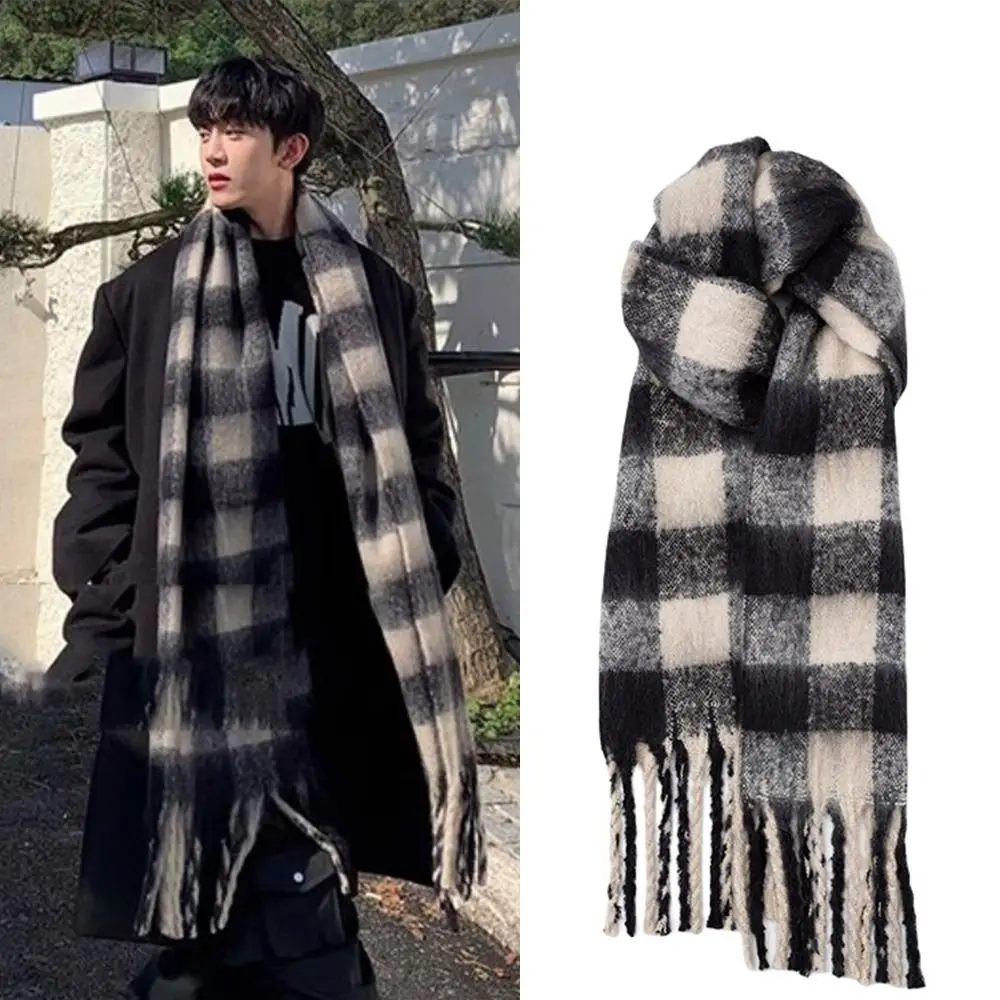 

Высококачественный корейский мужской полосатый клетчатый шарф, повседневный пушистый зимний кашемировый шарф с кисточками, теплый клетчатый шарф, мужской