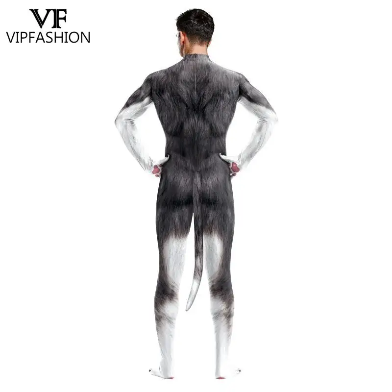 Vip Mode Cosplay Carnaval Kostuum Bodysuit Unisex Volledige Cover Met Staart Huskies Funny Animal Gedrukt Zentai Suits