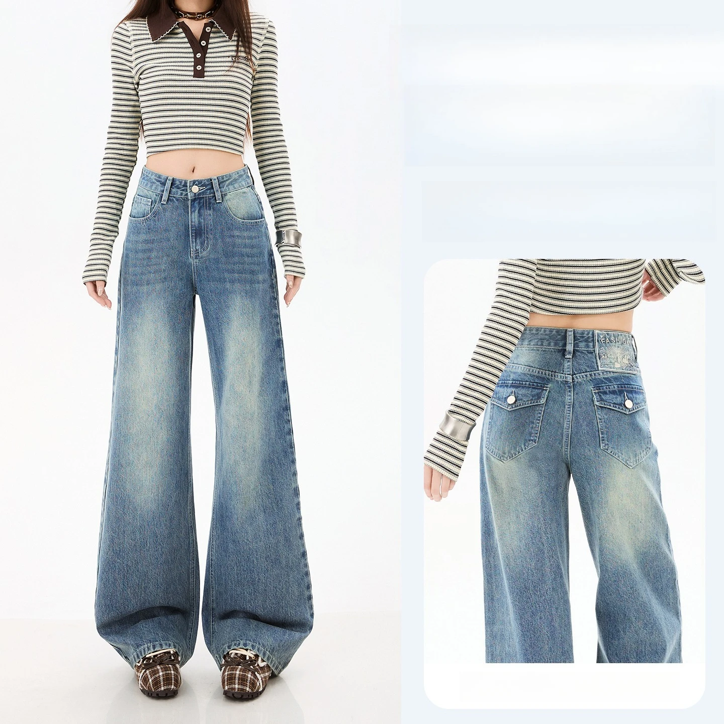 

High Quality Spring Summer Denim Women's Jeans Cotton High Waist Wide Leg Baggy Floor Length CasualTrousers Female Multi-pocket