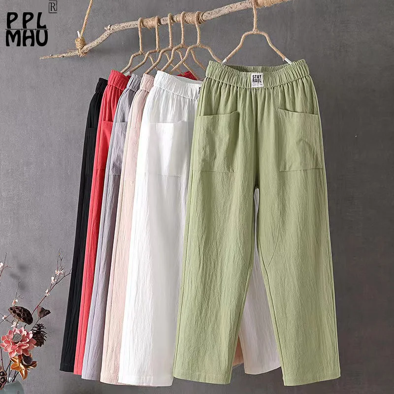 

Candy Colors Cotton Linen Harem Pants Women Elastic High Waist Summer Baggy Pantalones M-4XL Basic Ankle Length Casual Trousers