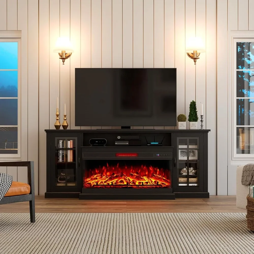 3-Sided Glass Fireplace TV Stand for TVs up to 65'' with 12 Color, Media Entertainment Center Console Table with Doors