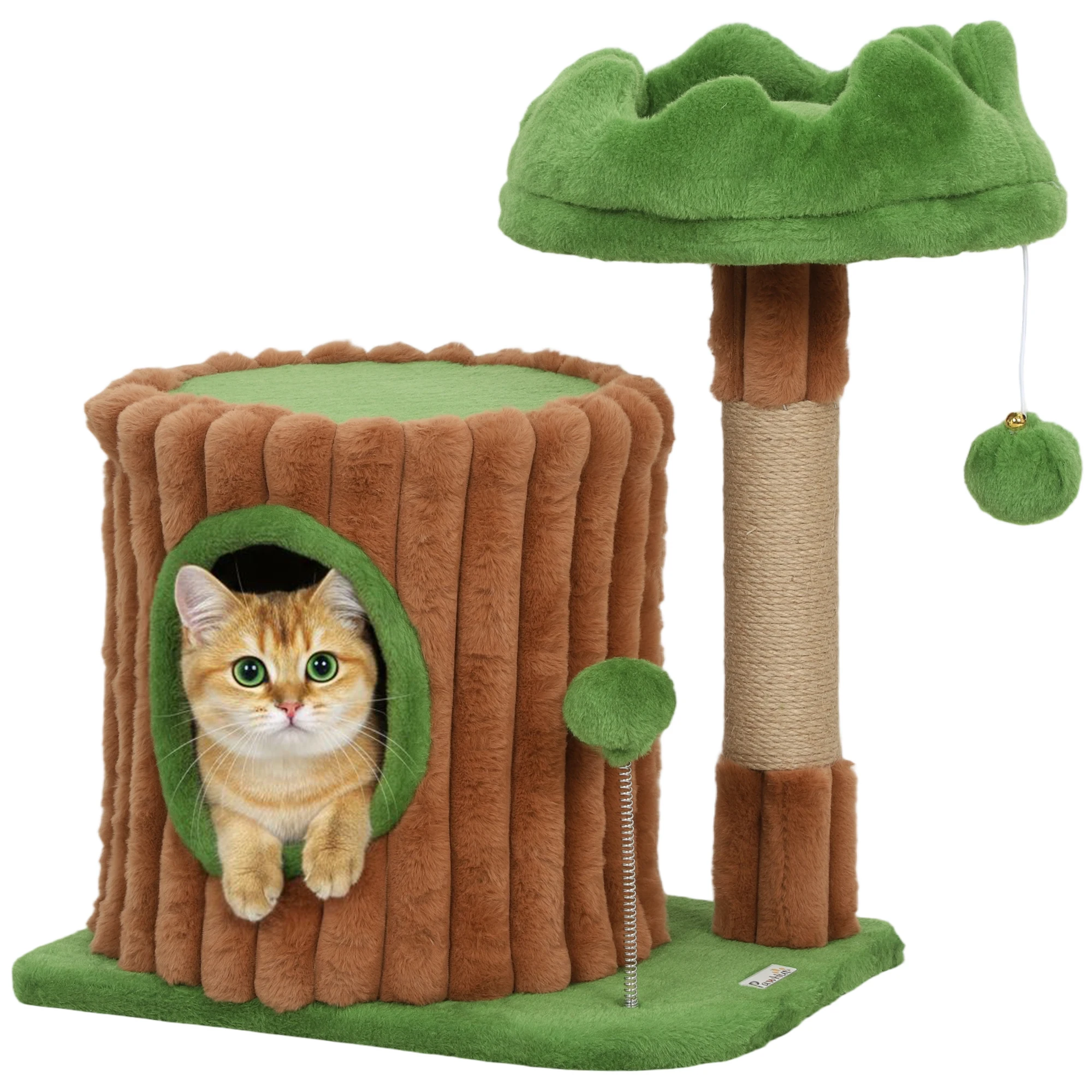 Pawhut kattenkrabboom 53 cm kofferbakontwerp met huisbed jute paalballen bruin en groen