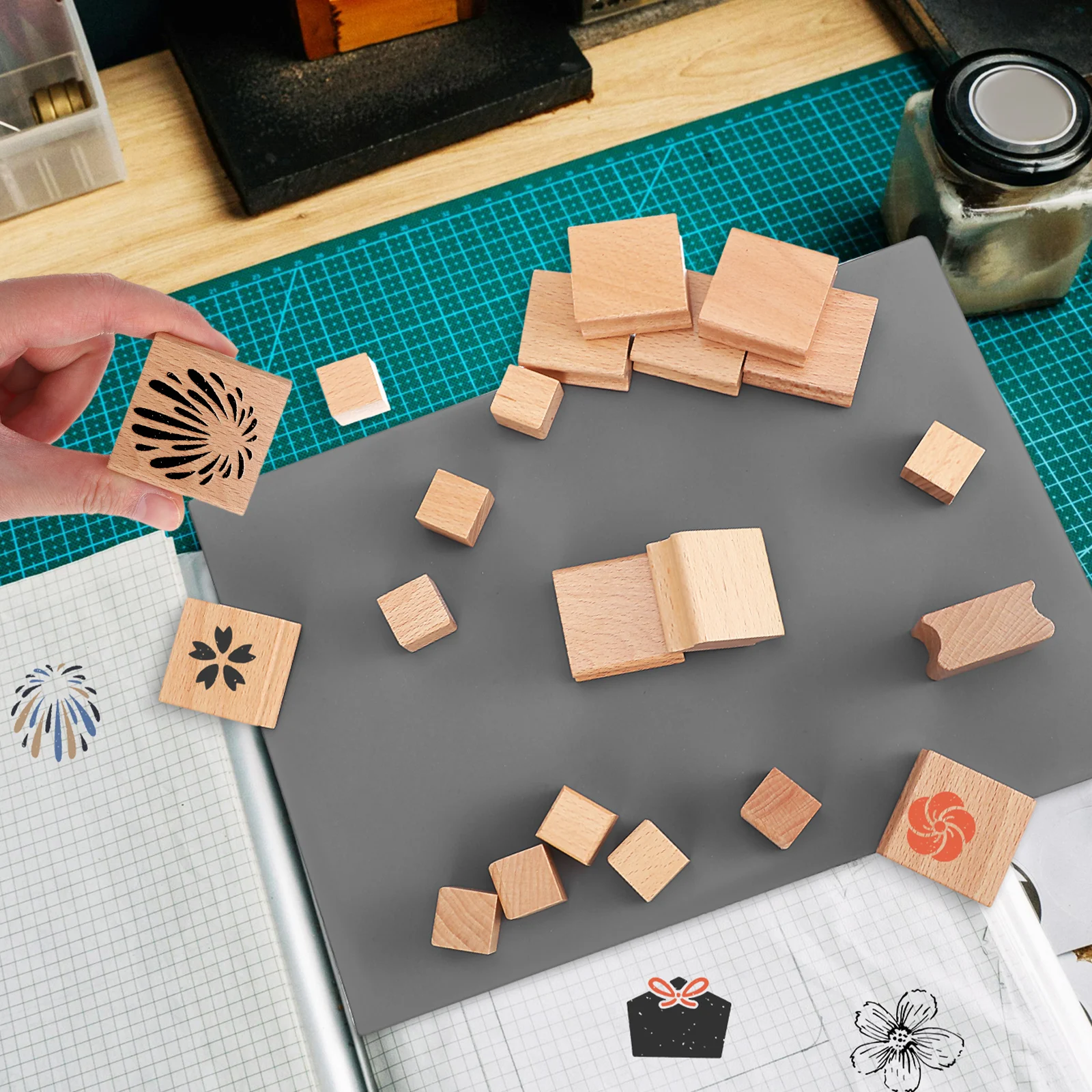 

20Pcs Unfinished Wood Stamp Blocks Hardwood DIY Craft Set Grooved Surface Sturdy Squares for Handmade Cards Decorative Letters