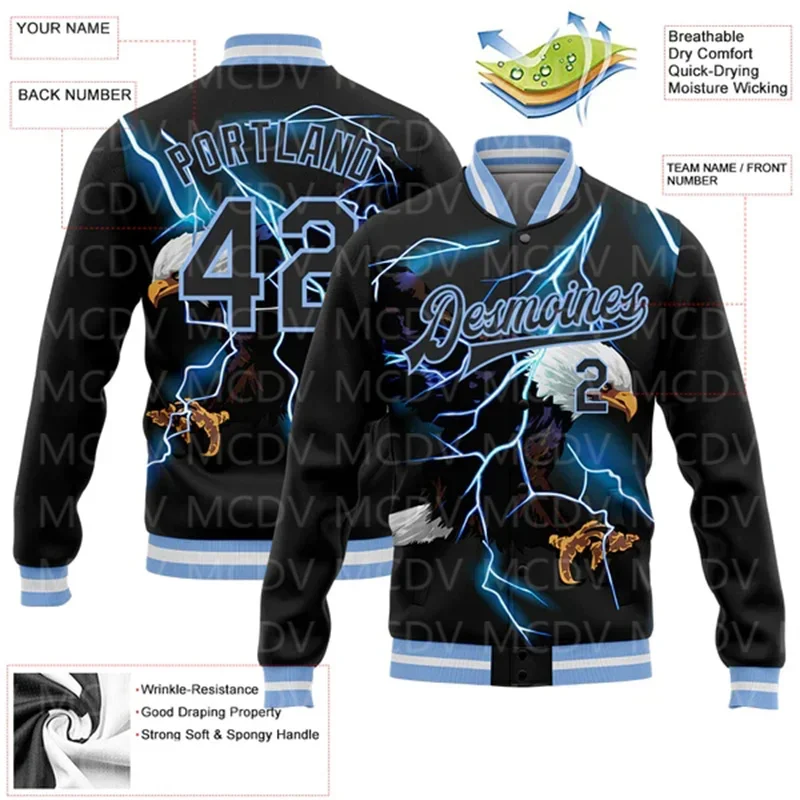 Custom Zwart Licht Blauw-Wit Bliksem Adelaar 3d Patroon Ontwerp Bommenwerper Full-Snap Varsity Letterman Jas