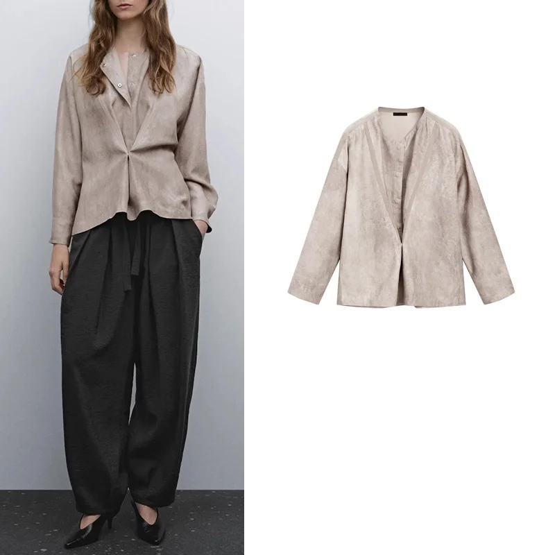 

Waed ey Brown Casual Loose Lazy Sle mat Design Spring Summer New Women's irt Commute Sle Long Sve round N...