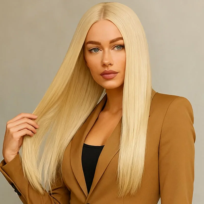 باروكة صناعية مستقيمة ذهبية مقاس 28 بوصة للسيدات عصرية وأنيقة ومناسبة لارتداء الحفلات اليومية