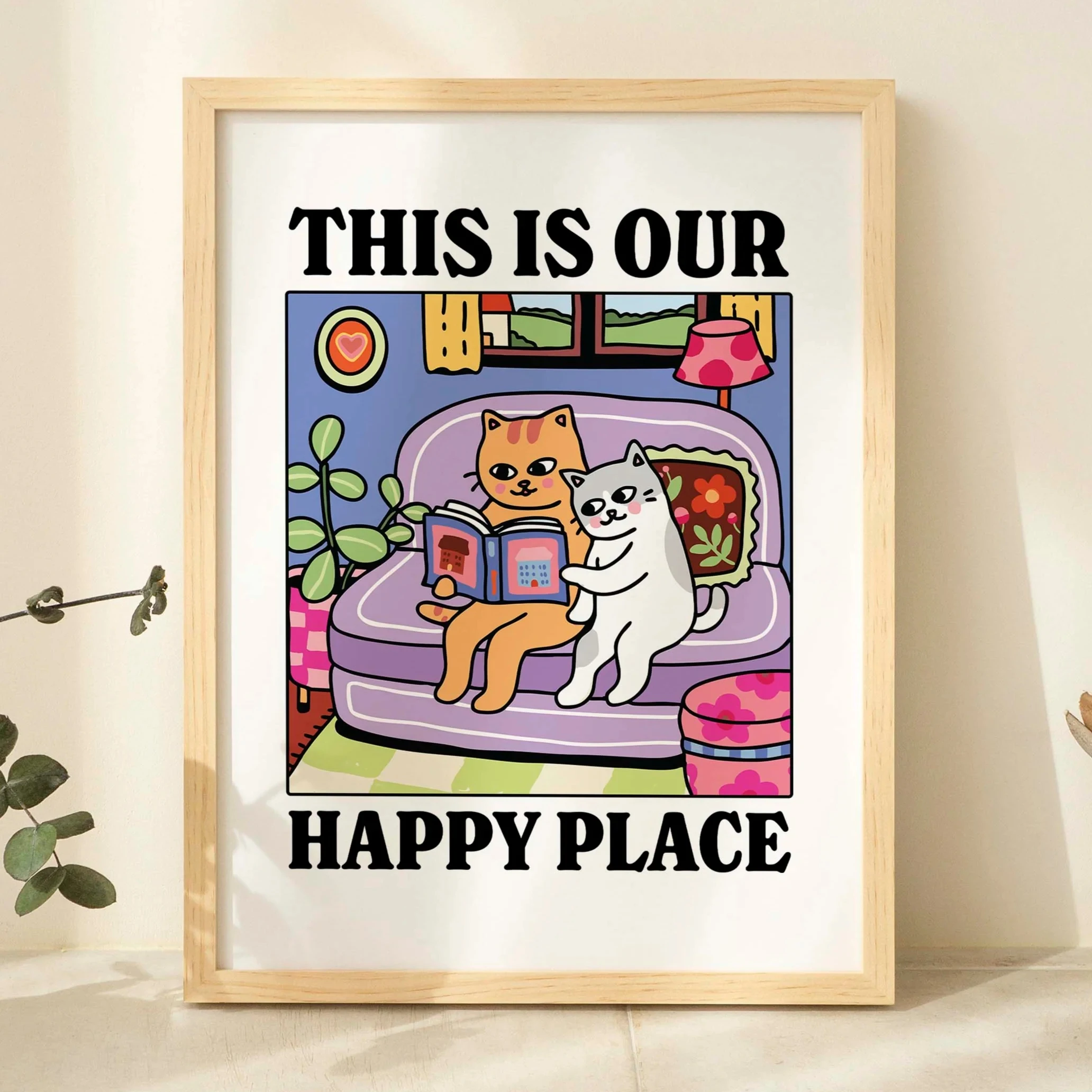 1 Stück rahmenloser moderner Cartoon-Wandkunstdruck „Home Is What Makes People Happy“ auf Leinwand, Poster, Bild für Wohnzimmer, Schlafzimmer