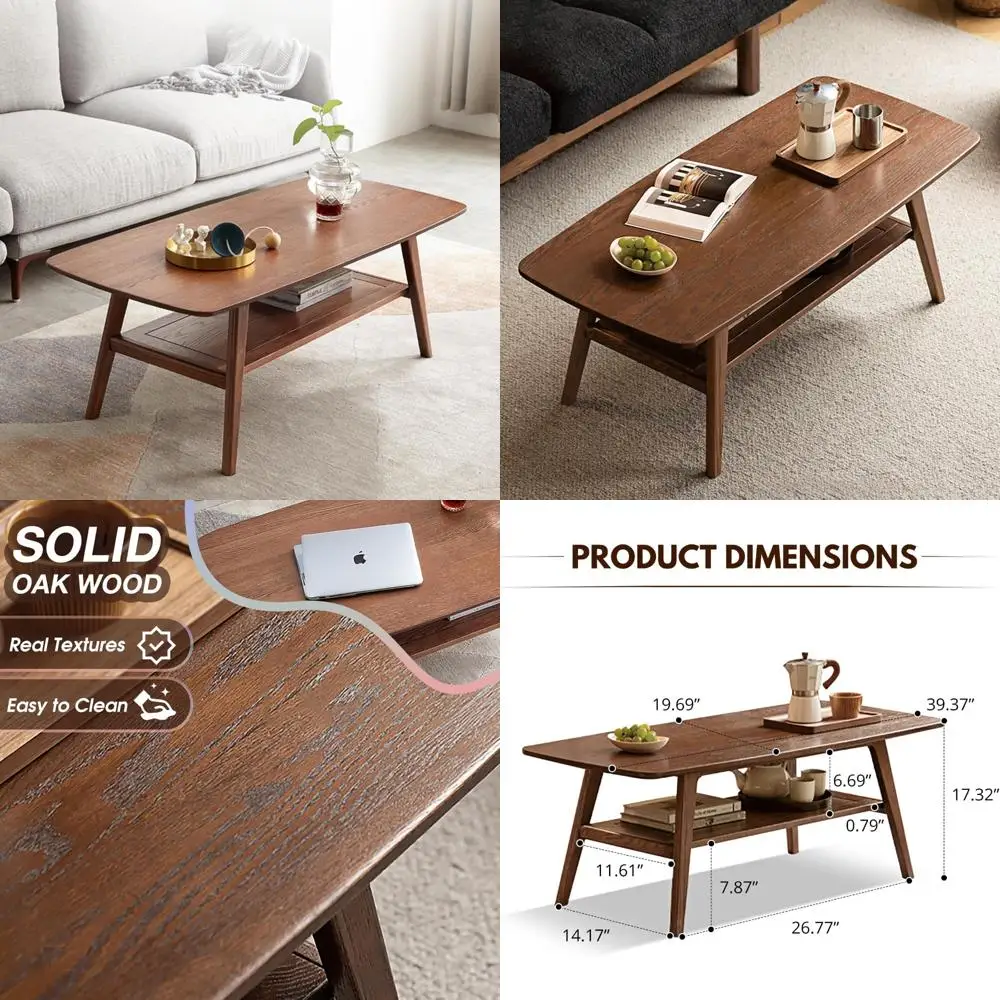 

Rustic Farmhouse Style Solid Oak Coffee Table with Storage Shelf, 2-Tier Rectangular Living Room Center Table