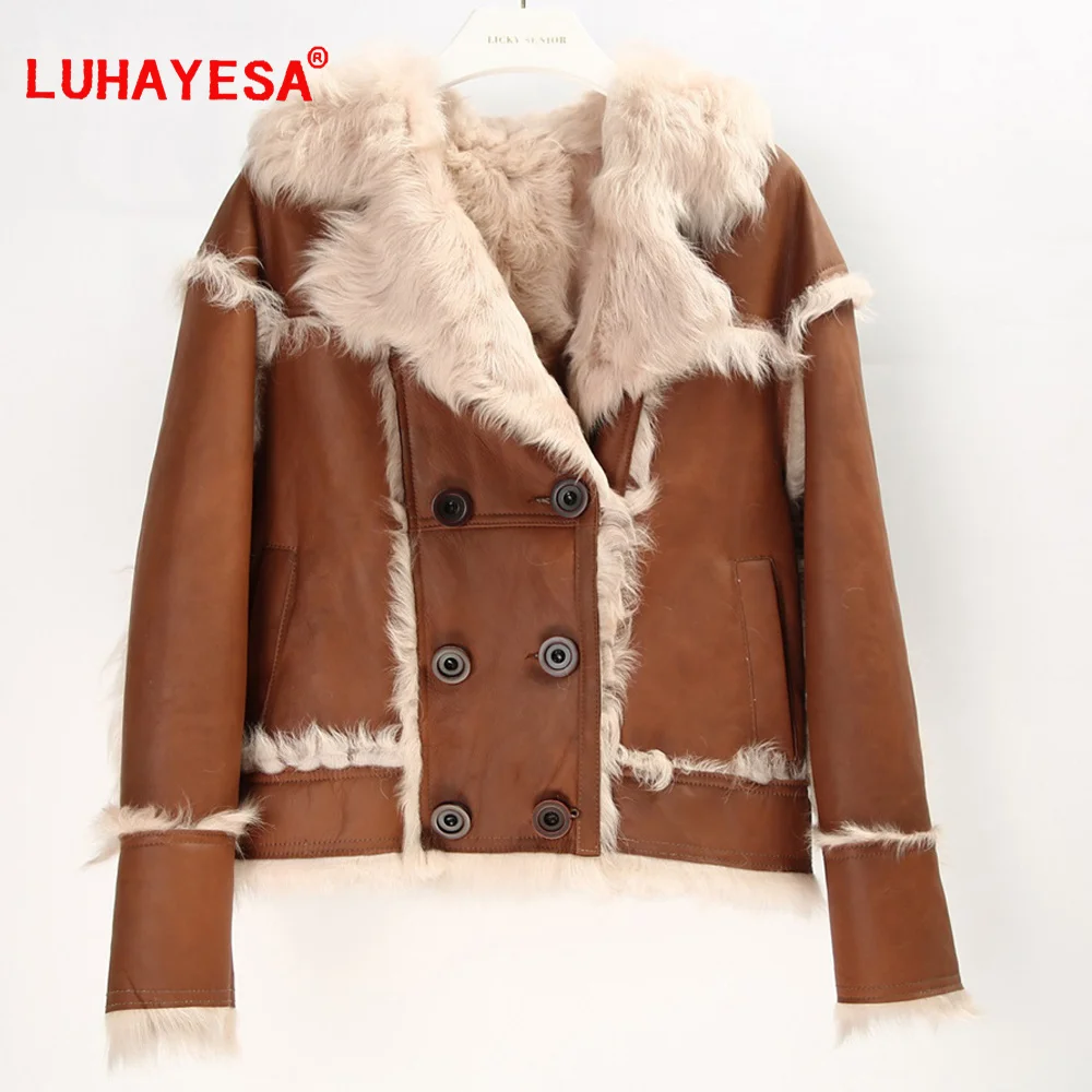 

2023 Women Casual Fashion Hu Sheepskin Shearling Fur Jacket Black Brown Real Fur Coats