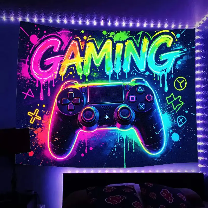 VIKAMA Gaming Controller Tapestry, Neon-Style Polyester Gaming Tapestry, Wall Decoration for Bedrooms and Gaming Rooms
