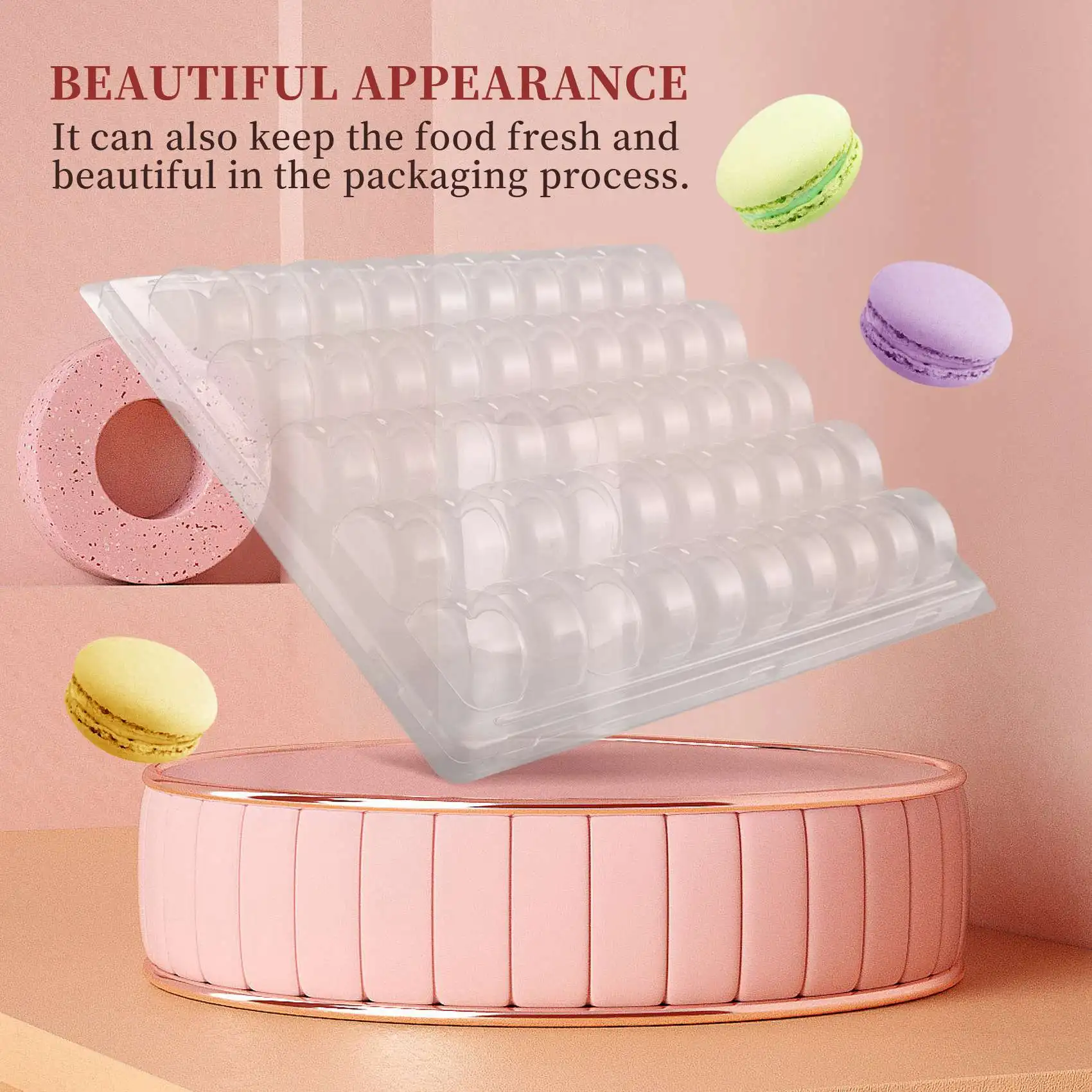 Plateaux de rangement pour macarons français transparents, l'horloge fermable, peut contenir 50 macarons par ensemble, paquet de 4 ensembles