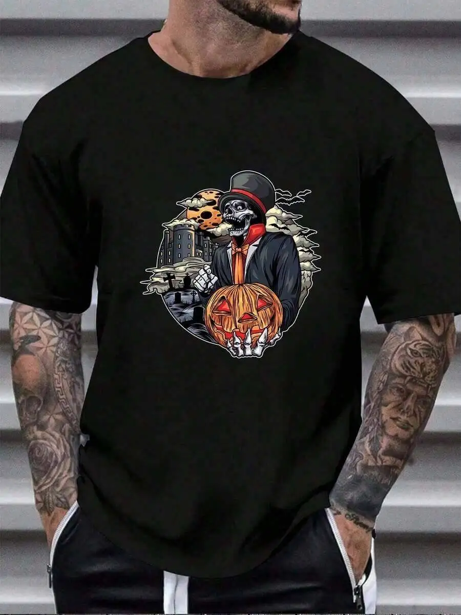 Men's Halloween Graphic Tee With Skeleton Holding Pumpkin & Skull Design, Crew Neck Short Sleeve - Shirt Holiday Pty 100% Cotton