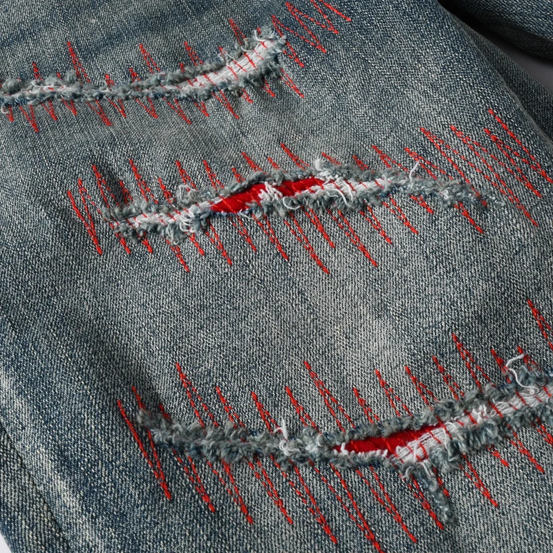 Designer Fashion New High Quality Men's Jeans Painted Scratches Washed Nostalgic Stretch Slimming Light Blue Jeans High Street H