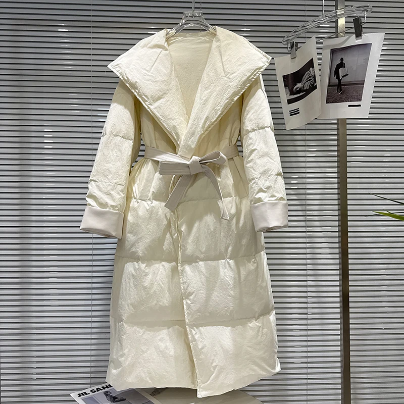 2025 شتاء جديد النمط الفرنسي كبير التلبيب طوق الدانتيل متابعة الخصر تصميم طويل نمط أسفل سترة المرأة مزاجه معطف دافئ