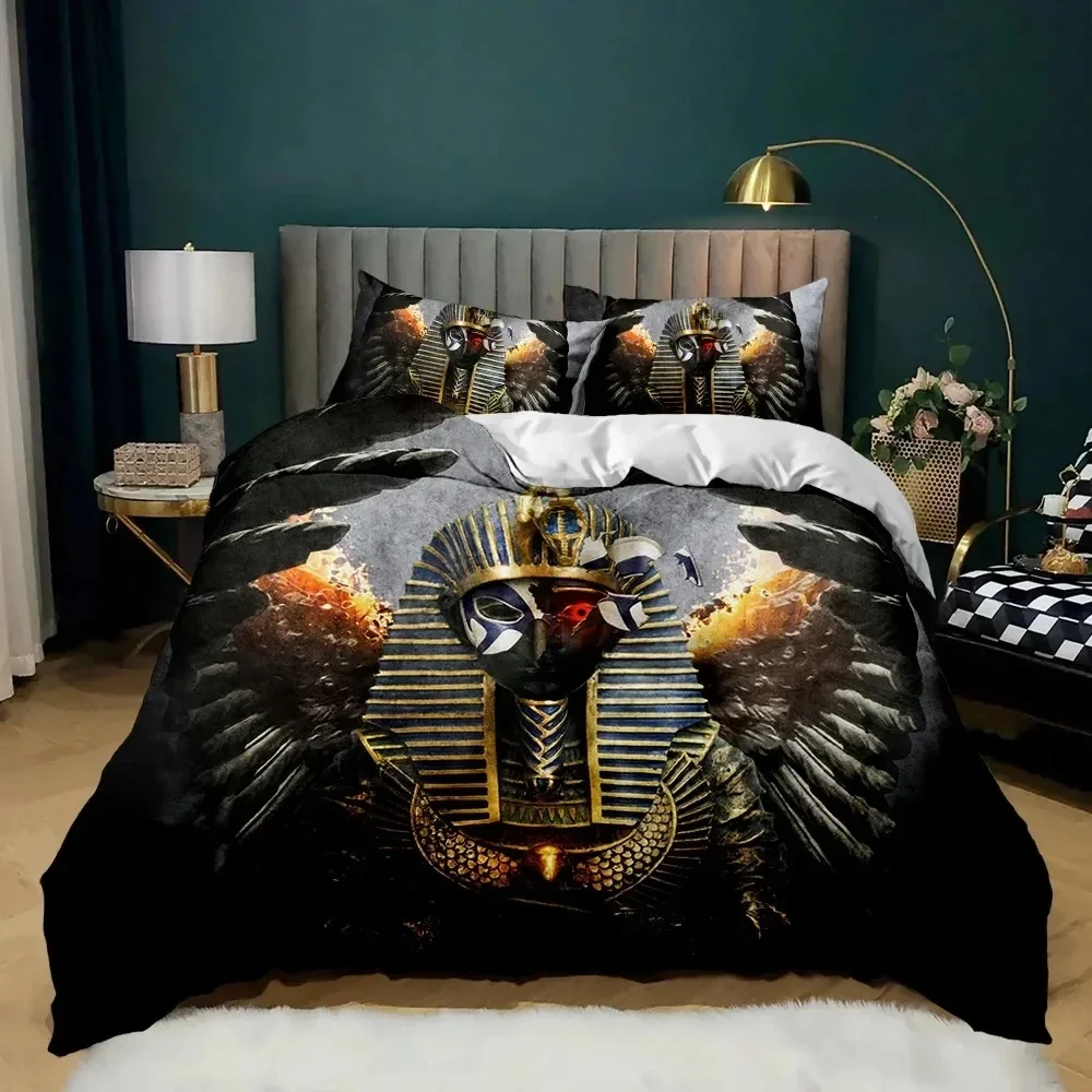 Pharaoh Bedding Sets,King Size 3D Ancient Egypt Tribe Decor Comforter Cover Set for Adult Egyptian Pyramid Polyester Duvet Cover