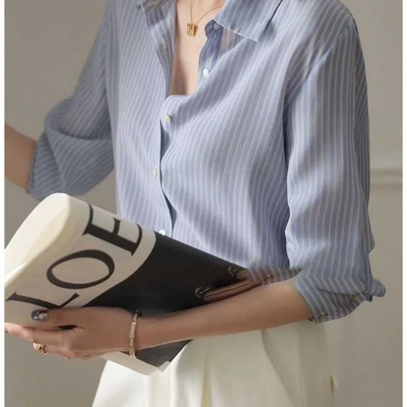 QWEEK Chiffon Striped Long Sleeve Shirt Woman Office Ladies Button Up Blouse Female Summer Korean Old Money Style Aesthetic 2024