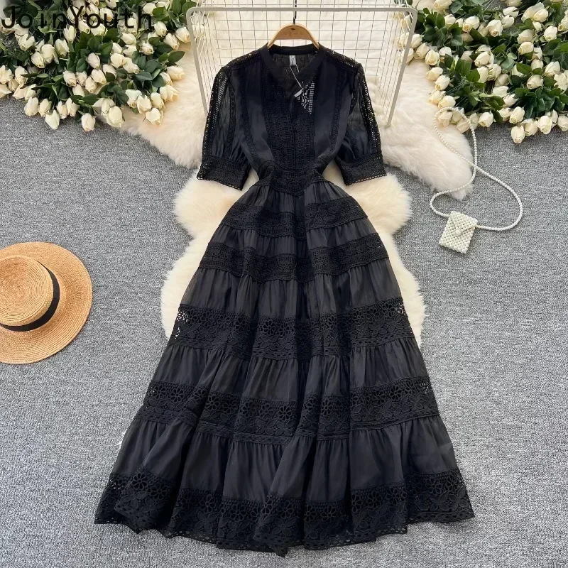 Summer Dresses for Women Slim Waist Short Sleeve Vintage Robe Femme Patchwork Lace Hollow Out Maxi Dress 2024 Vestidos De Mujer