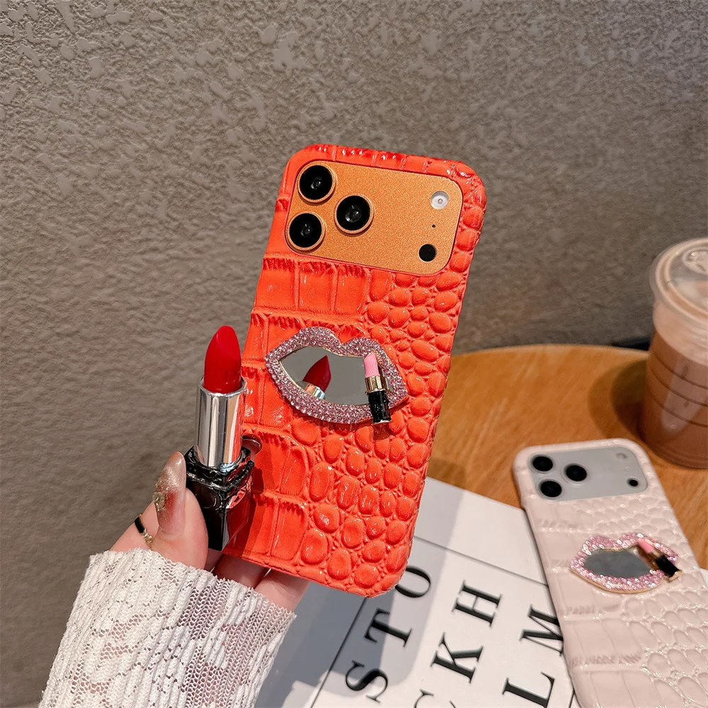 

Luxury Sparkly 3D Rhinestone Lip Mirror Phone Case for 17 Pro Max Glossy PU Crocodile Pattern Cover for iPhone 16 15 14 13 Pro