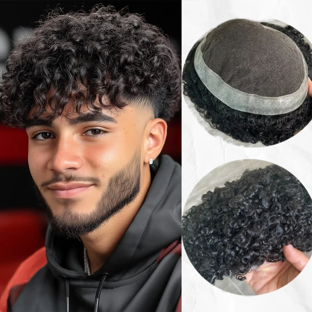 15mm Afro Curly Male Toupee Fine Mono Base Breathable Human Hair #4/2 Brown Men Hair Replacement Capillary Prosthesis Hairloss