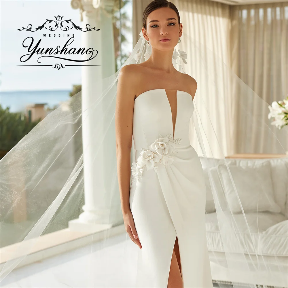 YunShang Maßgeschneidertes Meerjungfrau-Hochzeitskleid mit V-Ausschnitt und hohem Schlitz, bodenlang, Blumenapplikationen, ärmellos, elegant, trägerlos, Reißverschluss