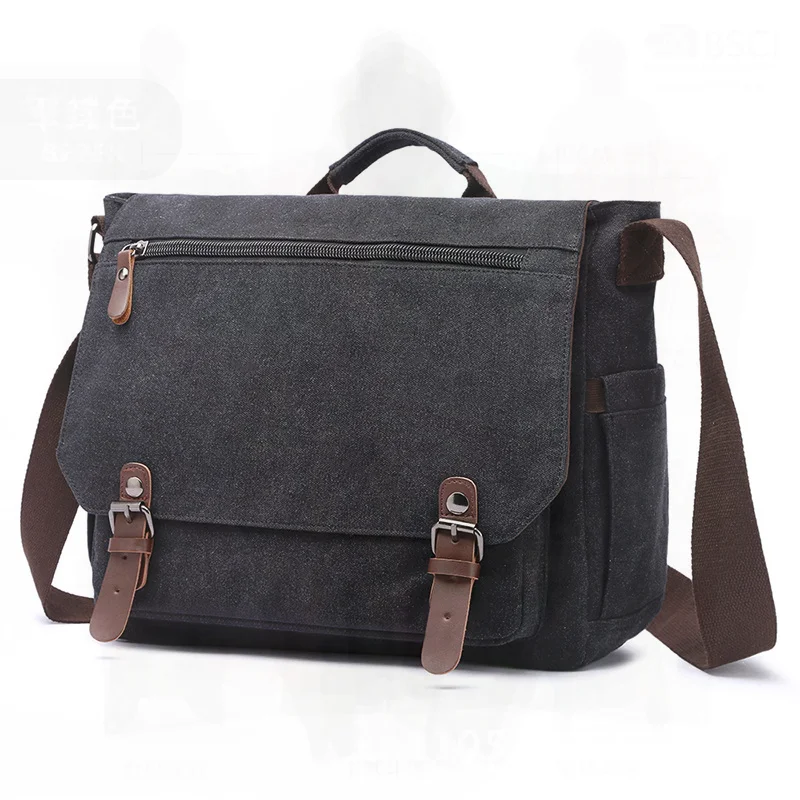 Portable Men's Business Briefcase Canvas Solid Color Diagonal Briefcase with Polyester Lining for Wholesale