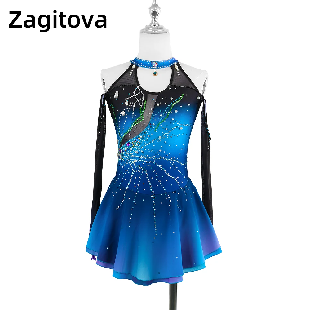 Zagitova Figure Skating Dress For Women Girls Ice Skating Clothes Long Sleeve Gradient Pearl Designer Style With Shiny Diamond