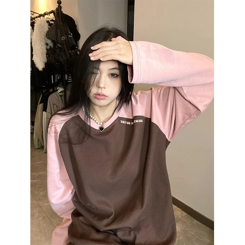 Harajuku Sweatshirts Women Y2K Oversized Patchwork Hoodies Streetwear Korean Vintage Contrast Color Loose Casual Pullovers Tops