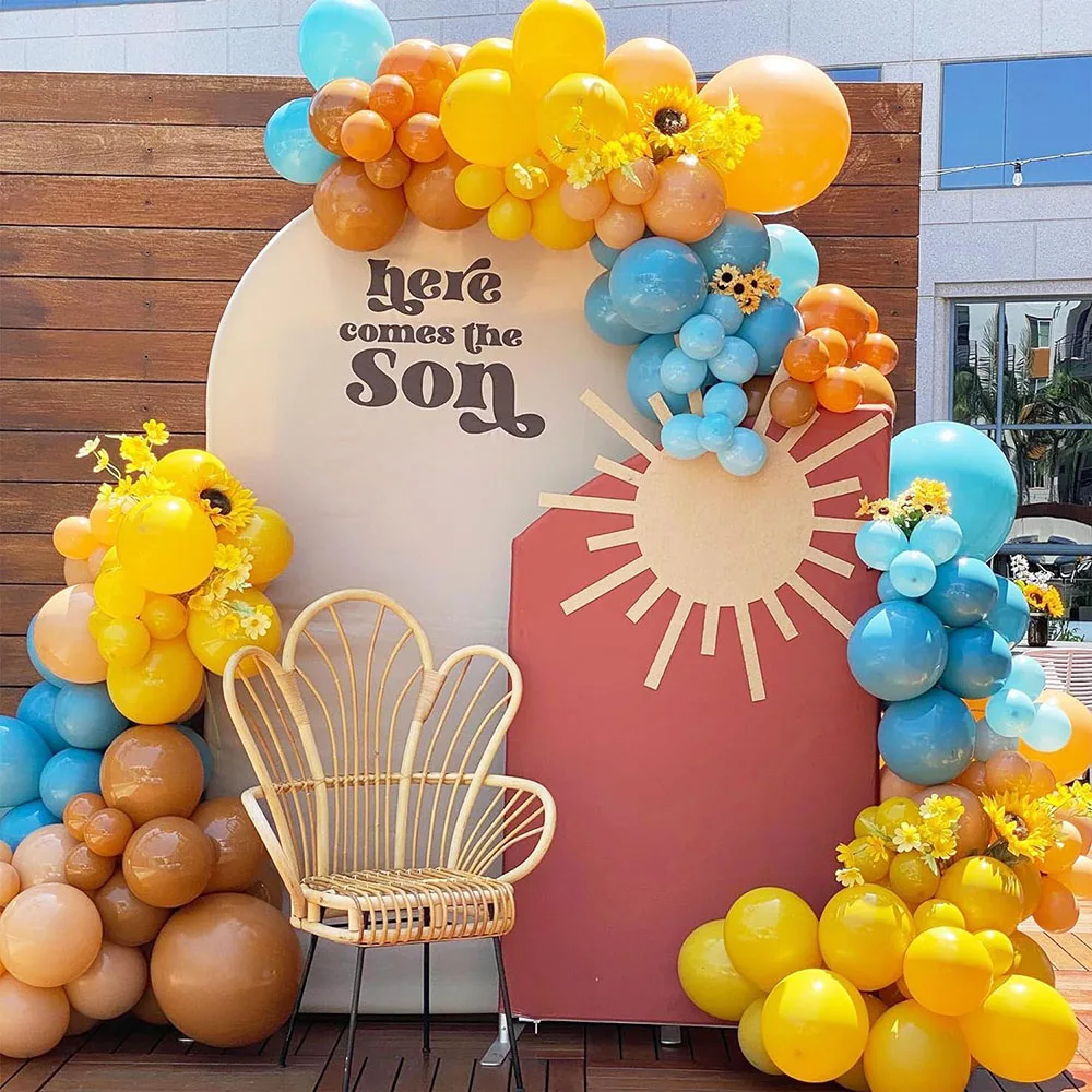 169 Pieces Here Comes the Son Balloon Arch Garland Set Lemon Yellow Orange Blue Sand White Balloon and Sun Aluminum Foil Balloon Suitable for First