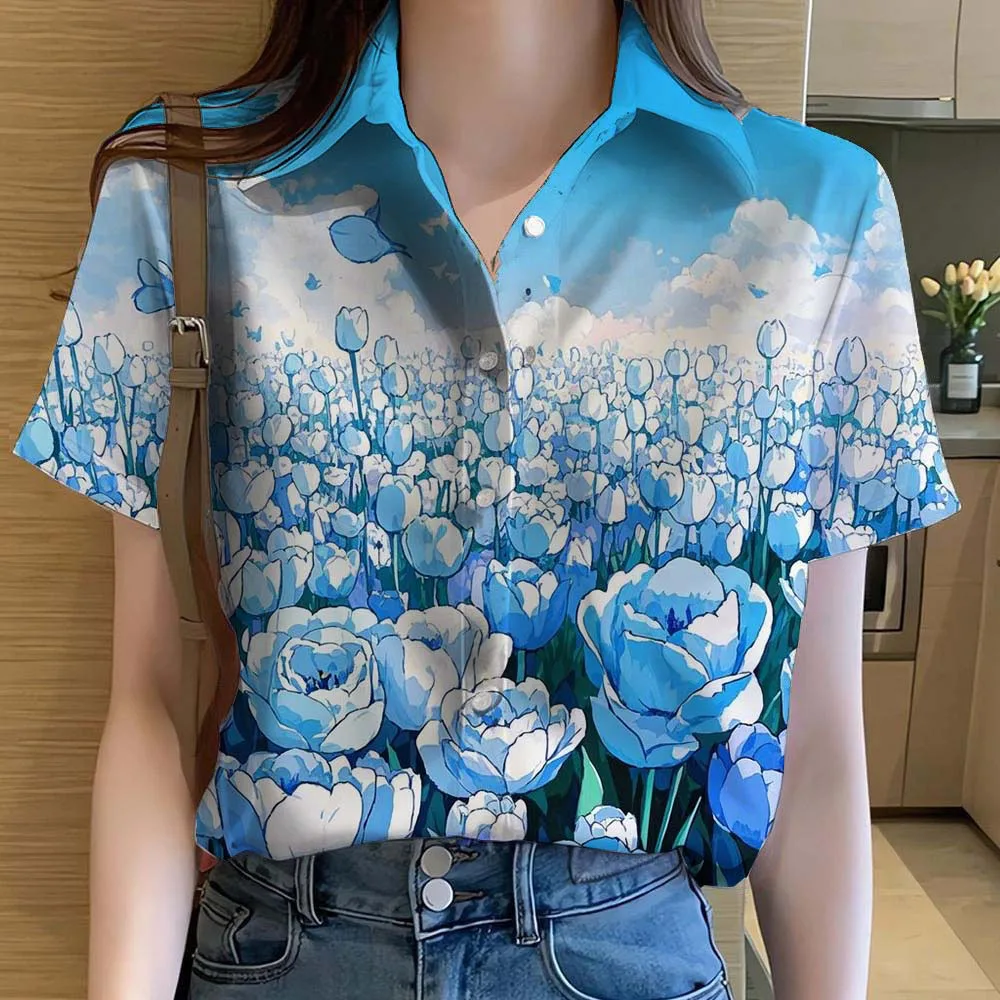 Womens Shirts Short Sleeve Button Floral rose 3D Printed Casual Beach Shirt Summer New unflower Blouse Y2k Women's Clothes