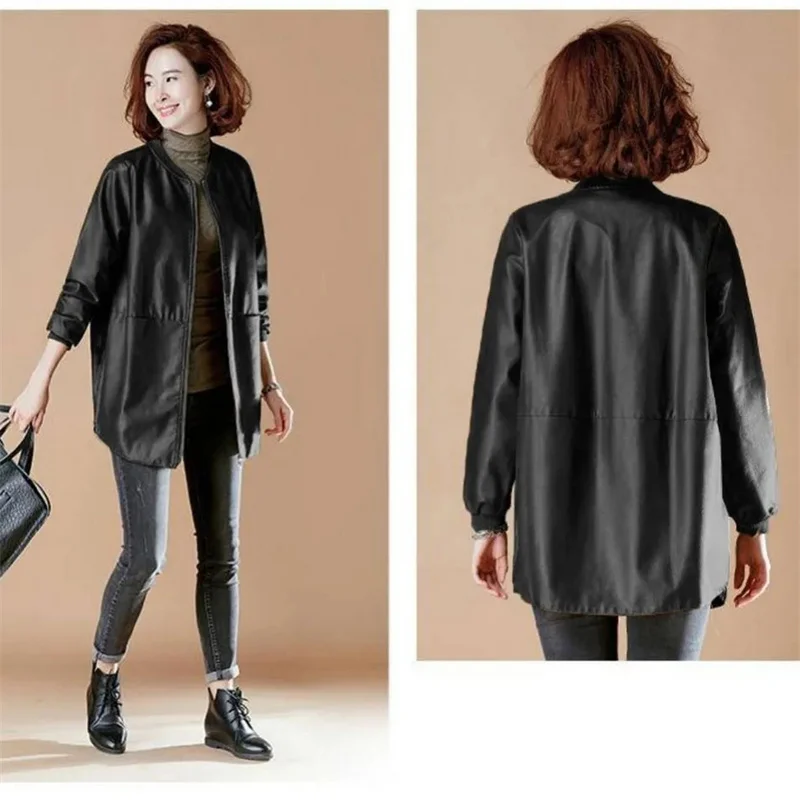 Spring Autumn Women Round Neck Faux Leather Top Ladies Medium Long Styles Jacket Korean Female Large Size 7XL PU Leather Coat