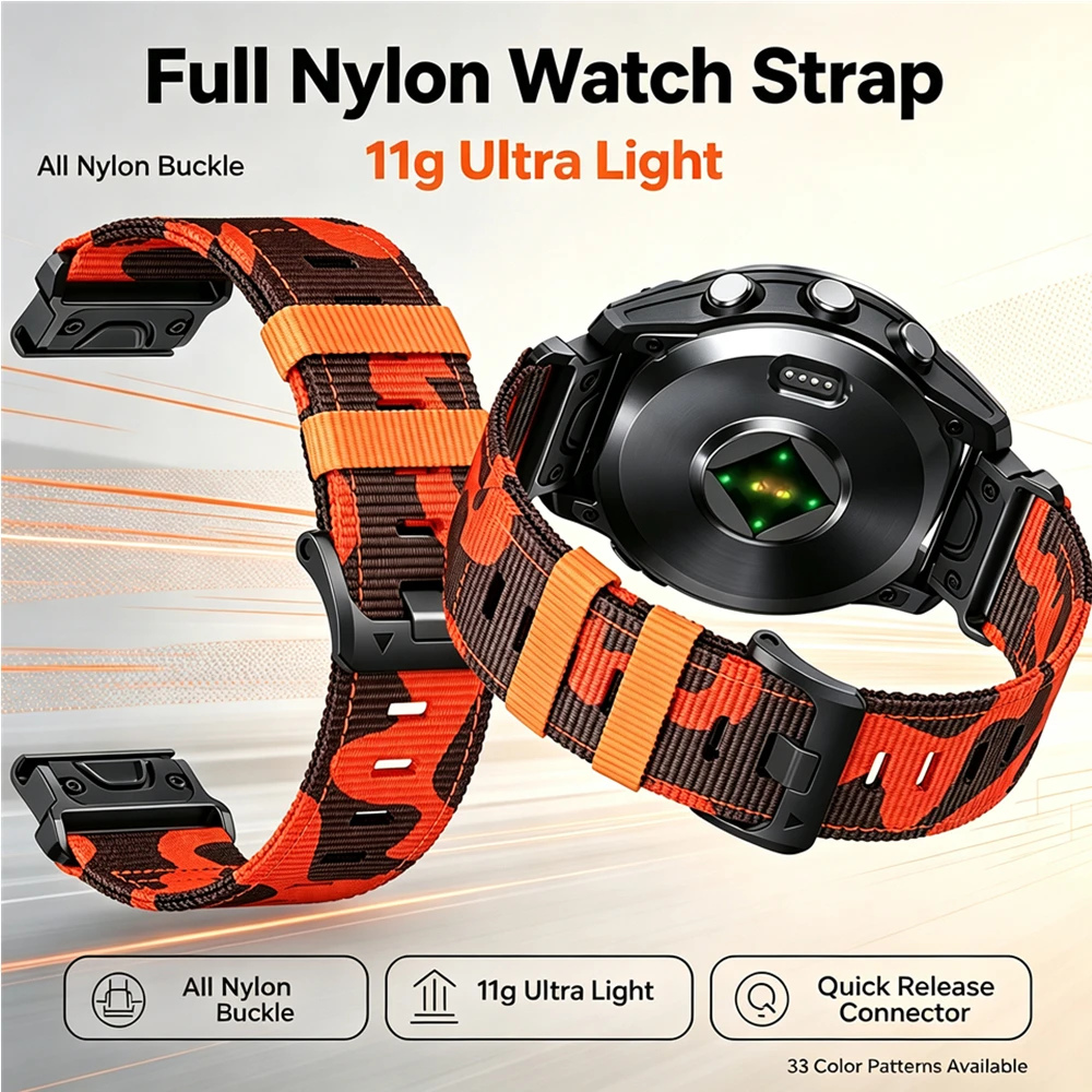 15g Ultraleichtes Voll-Nylon-Uhrenarmband mit Nylon-Verbindungsschnalle, Ersatzband für Garmin Instinct Fenix 5 6 7 8 9 Serie