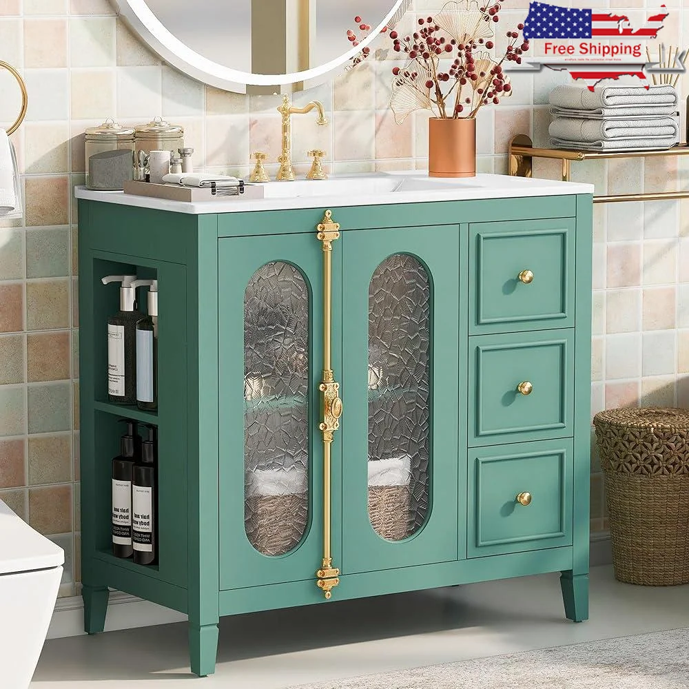 

36-дюймовый туалетный столик для ванной комнаты со стеклянной дверью, шкаф для хранения в винтажном стиле, ретро-дизайн, 3 ящика, элегантная функциональная мебель