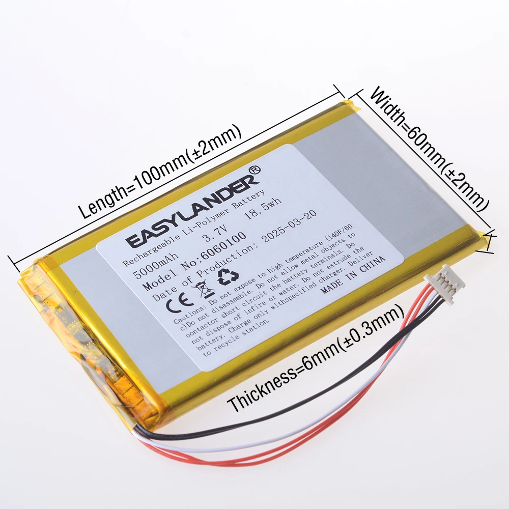 Batería recargable 3.7V 5000mAh del polímero de litio Li-ion de 1,25ut 5pin Compatible con 6060100 6065100