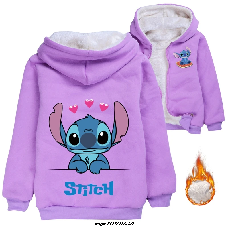 Hot Lilo And Stitch Winter fleece Jackets For Boys And Girls Cartoon Long Sleeve Coat Kids hooded warm jacket zipper windbreaker