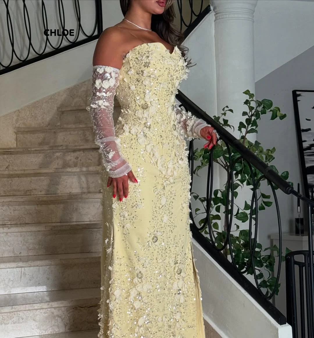 Robes de soirée en dentelle florale femme robes de bal de luxe élégantes 2025 queue de poisson jaune robe de bal pour femmes manches longues personnalisées