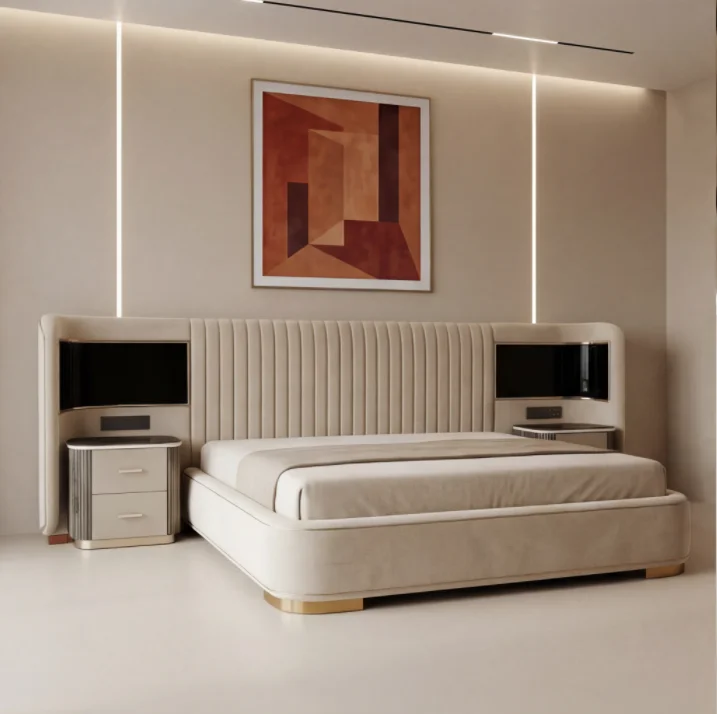 #Italian Light Luxury Wide-screen Bed, A Luxurious Home Villa Large Flat Master Bedroom Double Bed With Gold Decoration