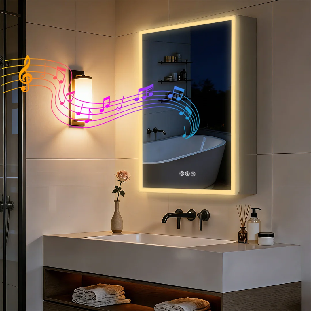 LUVODI 20x28" LED Bathroom Mirror Cabinet with Bluetooth,Lighted Storage Vanity Medicine Cabinet, Dimmable Anti-Fog