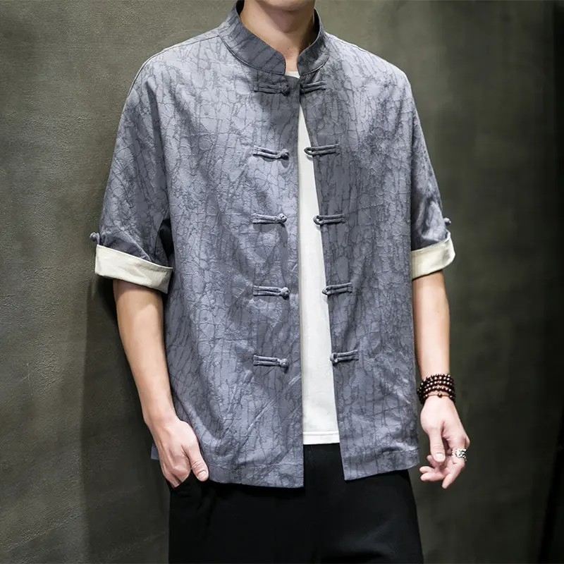 

2026 Chinese Style Summer Cotton Short Sleeve Shirt Men Jacquard Frog Buttons Shirt Male Casual Chinese Style Half Sleeve Shirt