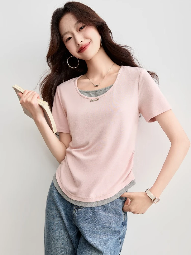

SENTUBILA Summer T-shirt Woman 20025 Patchwork 2 In 1 Slim Fit Round Neck T-shirts Casual Sequined Knitted Ladies Tops Q52TD1764