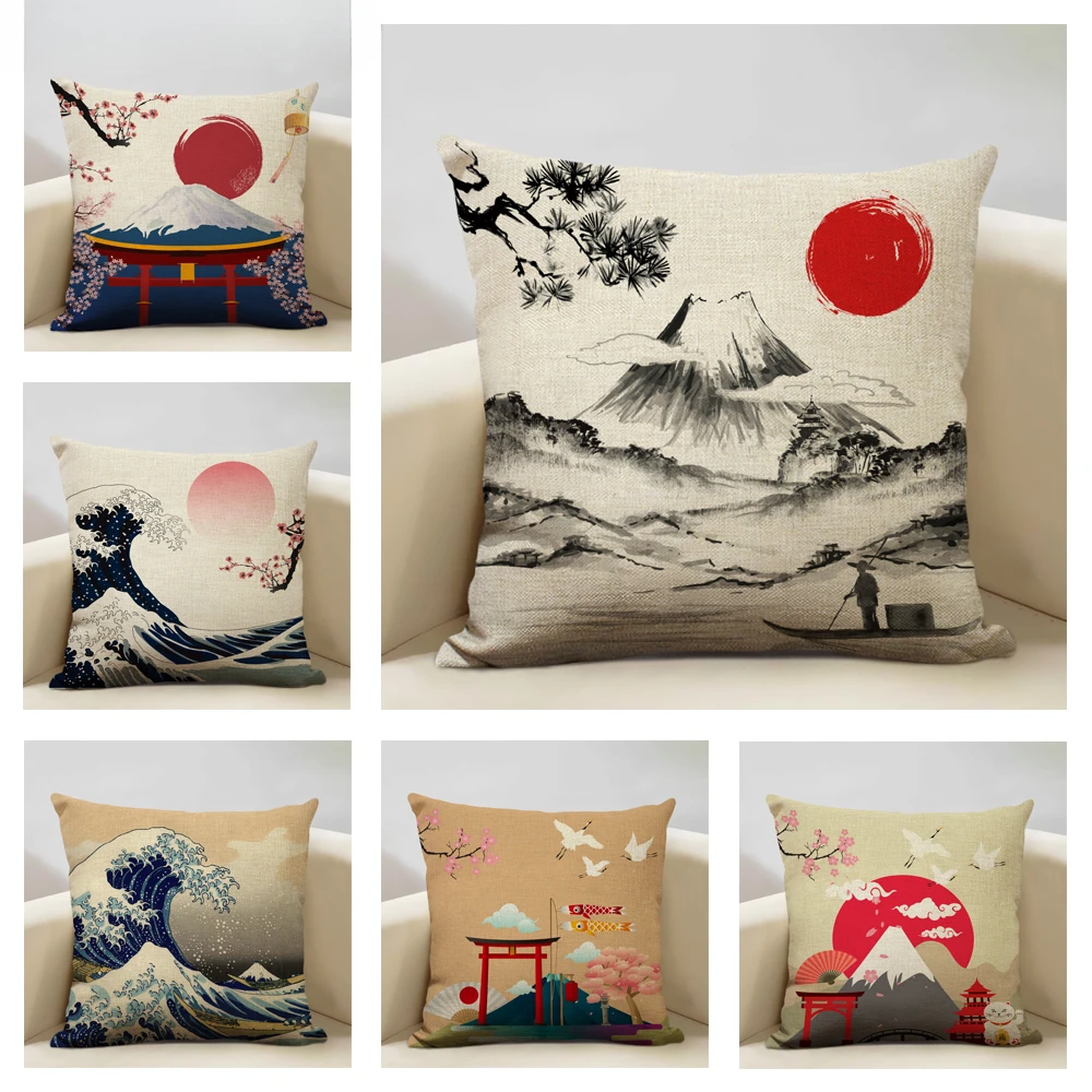 Japan Mount Fuji Ukiyo-e Retro Cushion Cover Sofa Pillowcase Home Decor Pillow Case Linen Home Textile Products