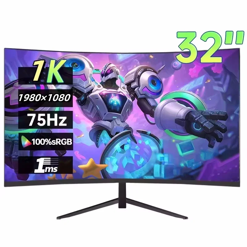 32 pollici 1K 75Hz Monitor Desktop 1980×1080P HDR 100% SRGB 1MS Freesync Computer di gioco Display IPS VA curvo dritto HDMI/DP