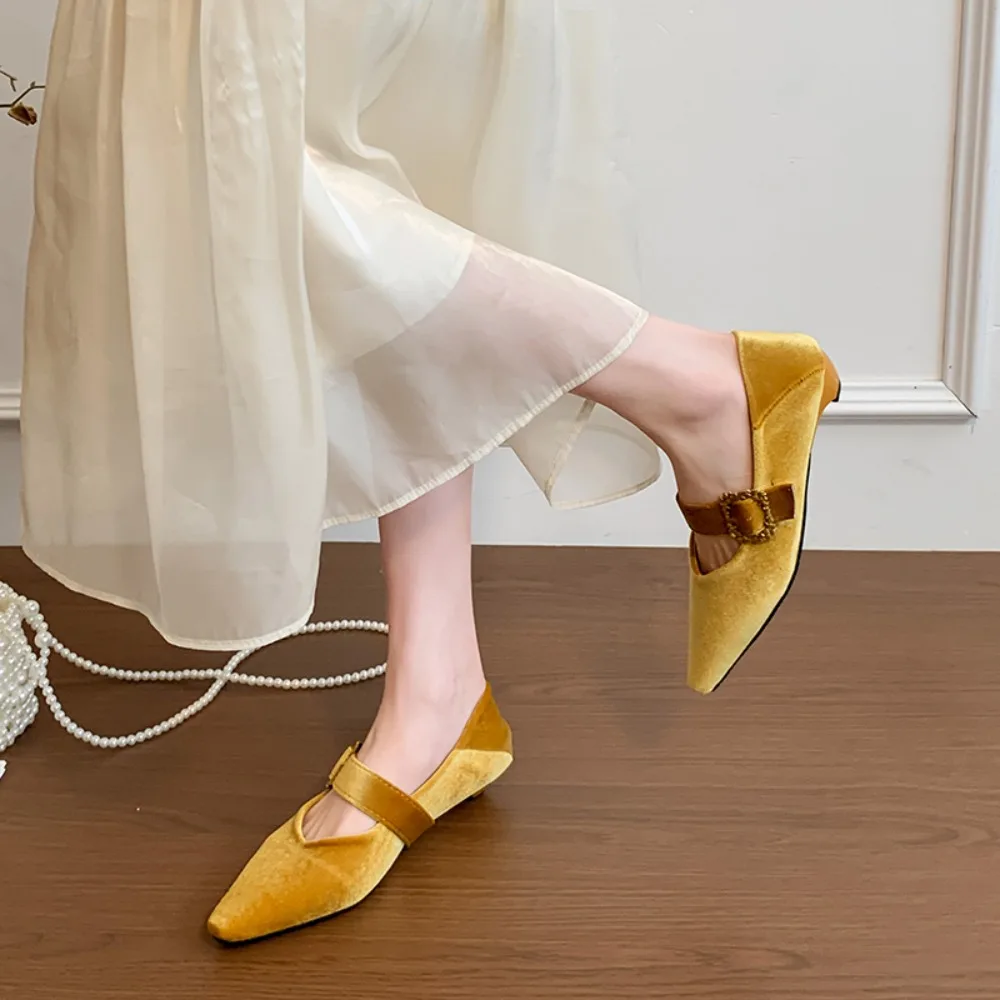 2026 Pointed Toe Velour Shoes Woman Brand Design Gold Buckle Ballet Flats  Elegant Low Heel Party Velvet Zapatos