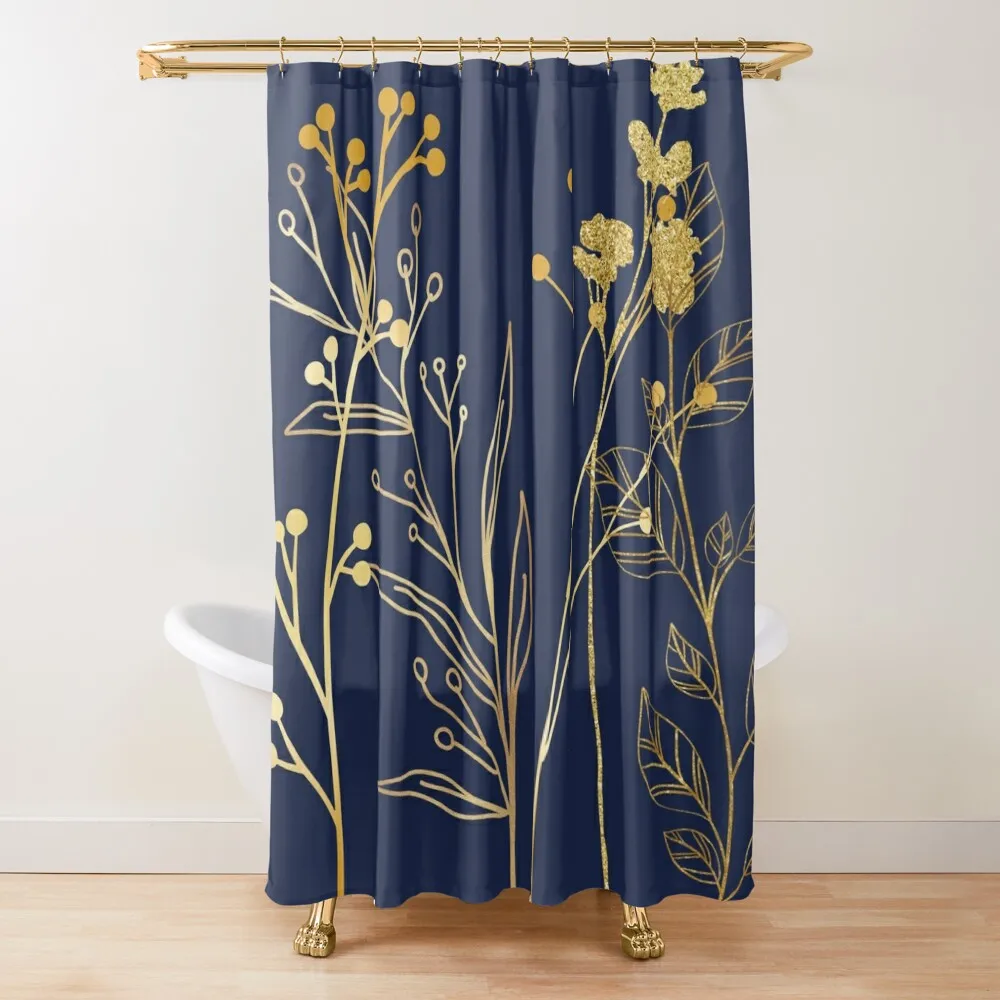 

Navy Blue Art Deco Fine Gold-like Dry Flowers Shower Curtain Bathroom Accessory Bathroom Shower Set Cover Curtain