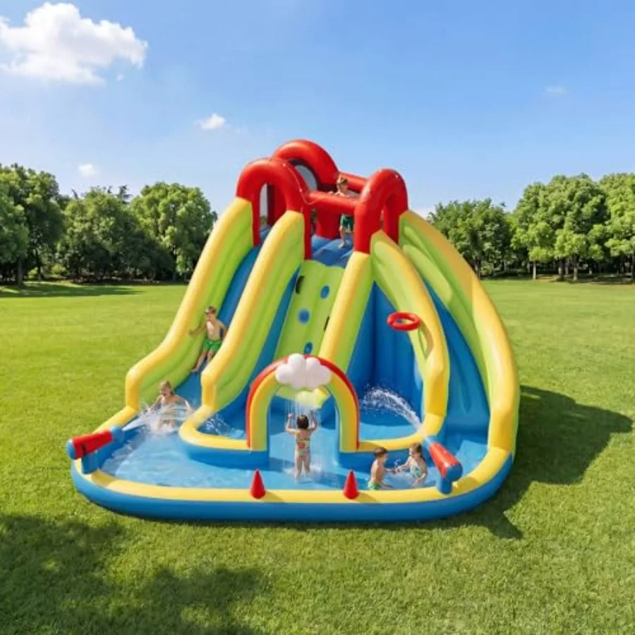 Inflatable Water Slide for Backyard: PVC, Blue/Red, Quick-Inflate with 450W Blower, 15.75 × 12.63 × 7.22, Indoor/Outdoor Use