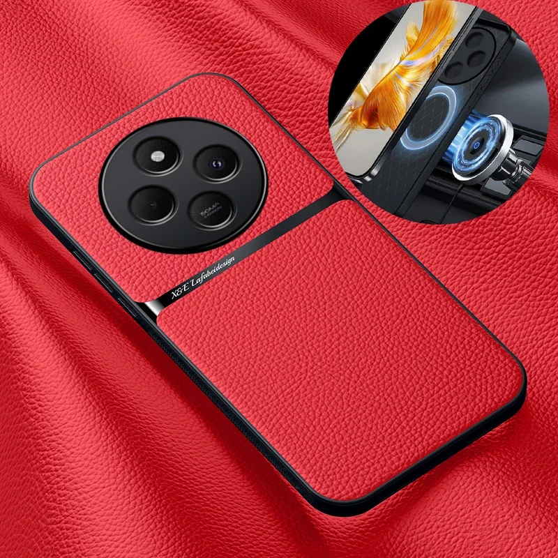 

Задние кожаные чехлы для Redmi A4 5G со встроенной металлической пластиной, магнитный автомобильный держатель, полная защита объектива, мягкий силиконовый чехол для телефона