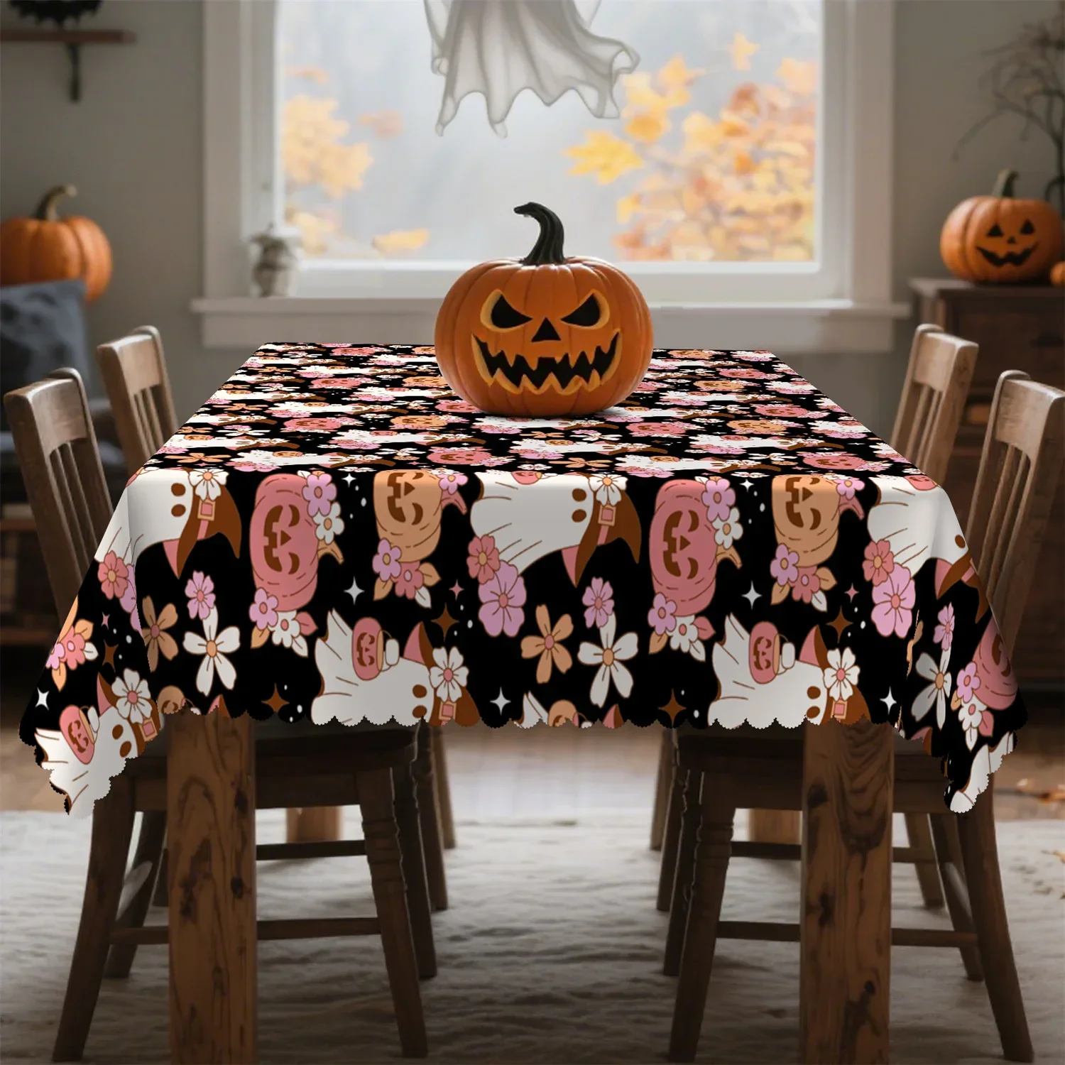 Pumpkin Ghost Flower Star Halloween Tablecloth - 1 pack - Suitable for kitchen table, outdoor party decorationxzj