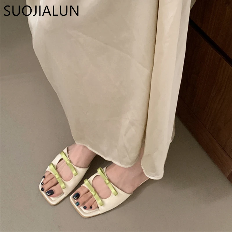 SUOJIALUN 2024 Summer New Brand Women Slipper Fashion Bow-knot Slip On Ladies Elegant Slides Soft Flat Heel Dress Sandal Shoes