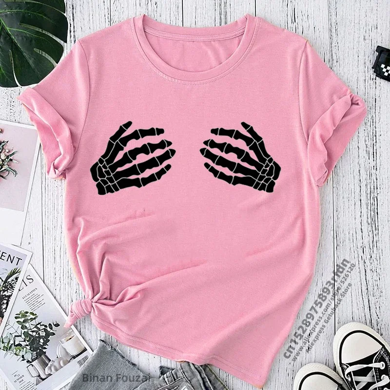 Skull Hands Print T-shirts Women Summer 2024 Gothic Clothes Casual Round Neck Graphic Tees Fashion T Shirt Femme Camisetas Mujer