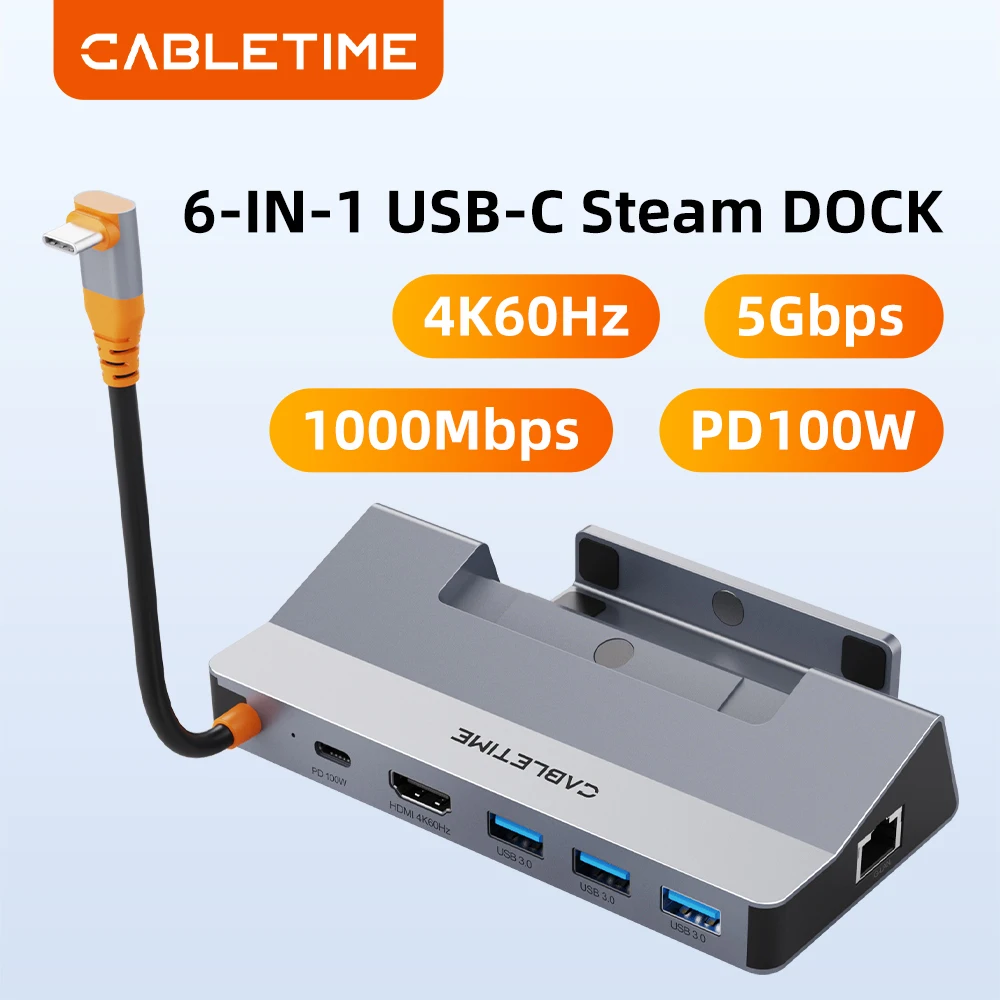 

CABLETIME USB C Hub 6-in-1 Docking Station 4K HDMI Ethernet 1000Mbps PD100W Compatible with Steam Deck Switch iPad MacBook pro